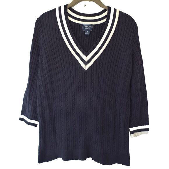 Chaps  Cable Knit Sweater Womens 1X Navy White Trim Cotton Tennis Ralph Lauren - Picture 1 of 11